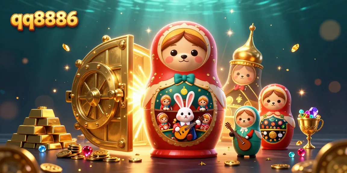 Experience the excitement of qq8886 with this vibrant casino-themed illustration full of treasures and characters.