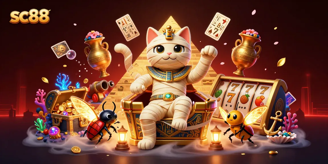Experience sc88 like never before with a vibrant casino scene of an Egyptian mummy cat and treasures.