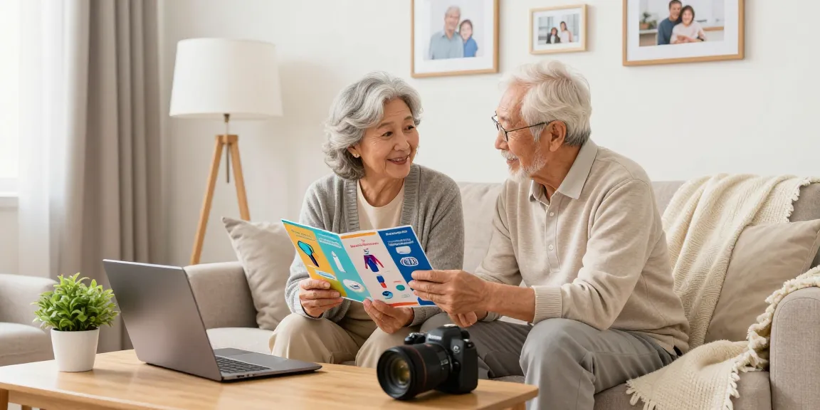 Senior couple discussing incontinence supplies in a cozy living room, showcasing product brochures and online options.