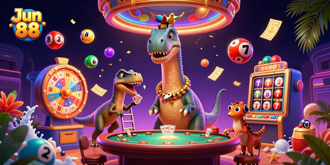 Experience the thrilling Jun 88 casino adventure with playful characters amidst a vibrant game scene.