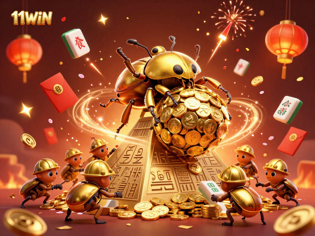 Experience thrilling moments with 11WIN featuring a golden beetle in a vibrant casino landscape.