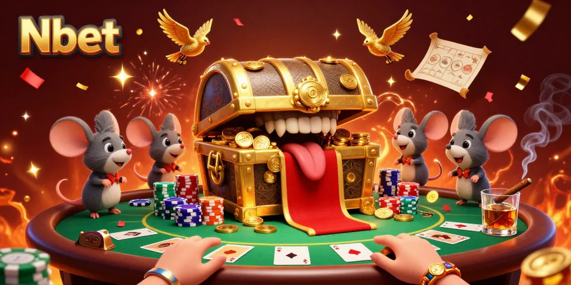 Adventurer mice discover treasures while gambling at Nbet casino with poker chips and cards.