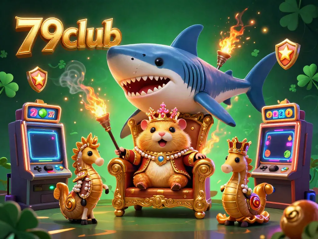 Engage with 79club's vibrant gaming world featuring a tiny hamster king on a megalodon throne amid colorful slot machines.
