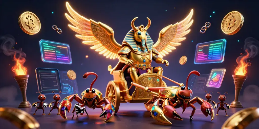 Engage with fun88 in a vibrant illustration featuring a colossal scarab beetle, illuminated crypto coins, and casino charms.