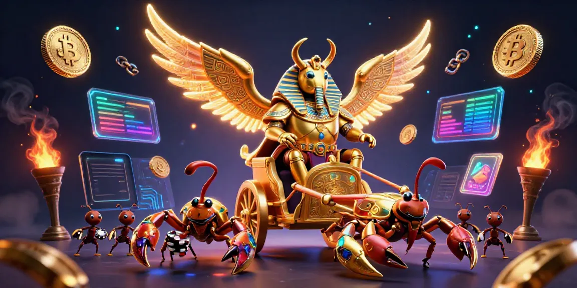 Engage with fun88 in a vibrant illustration featuring a colossal scarab beetle, illuminated crypto coins, and casino charms.