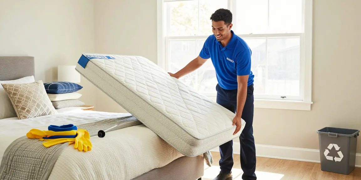 Efficient Vancouver mattress removal process with a friendly professional lifting a mattress in a well-lit home environment.