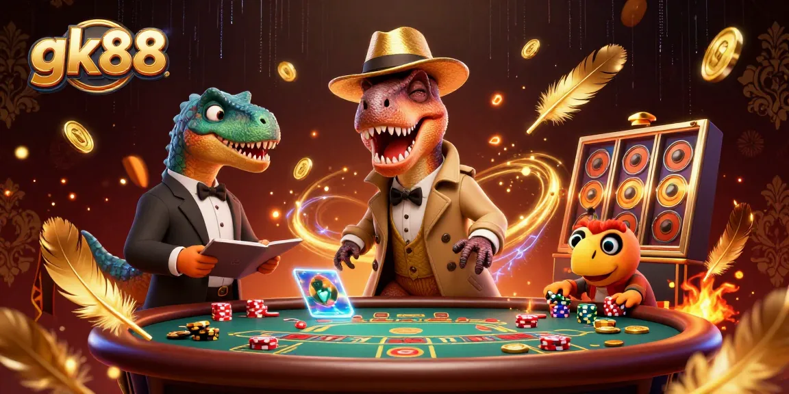 Play strategic blackjack at gk88 with a cartoon velociraptor, stegosaurus pit boss, and pickpocket in a casino