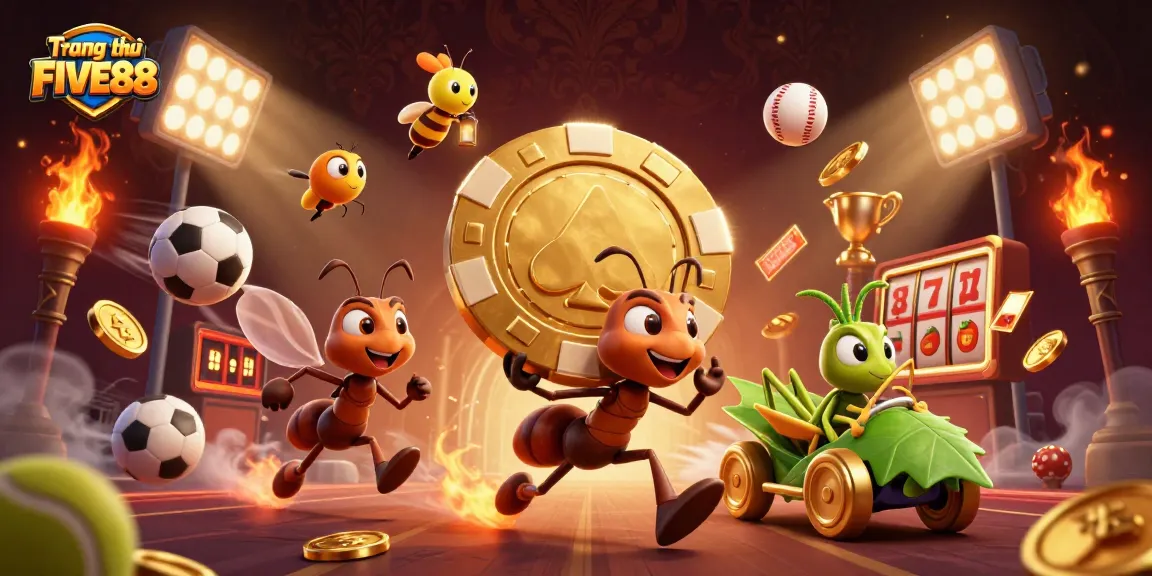 Experience the adventure ofTrang chủ FIVE88 with a heist scene featuring cartoon ants, golden chips, and casino elements.