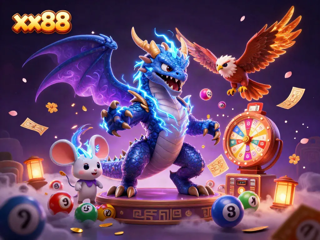 Engage with the electrifying thrills of xx88, illustrated with dynamic lottery balls and vibrant casino elements.
