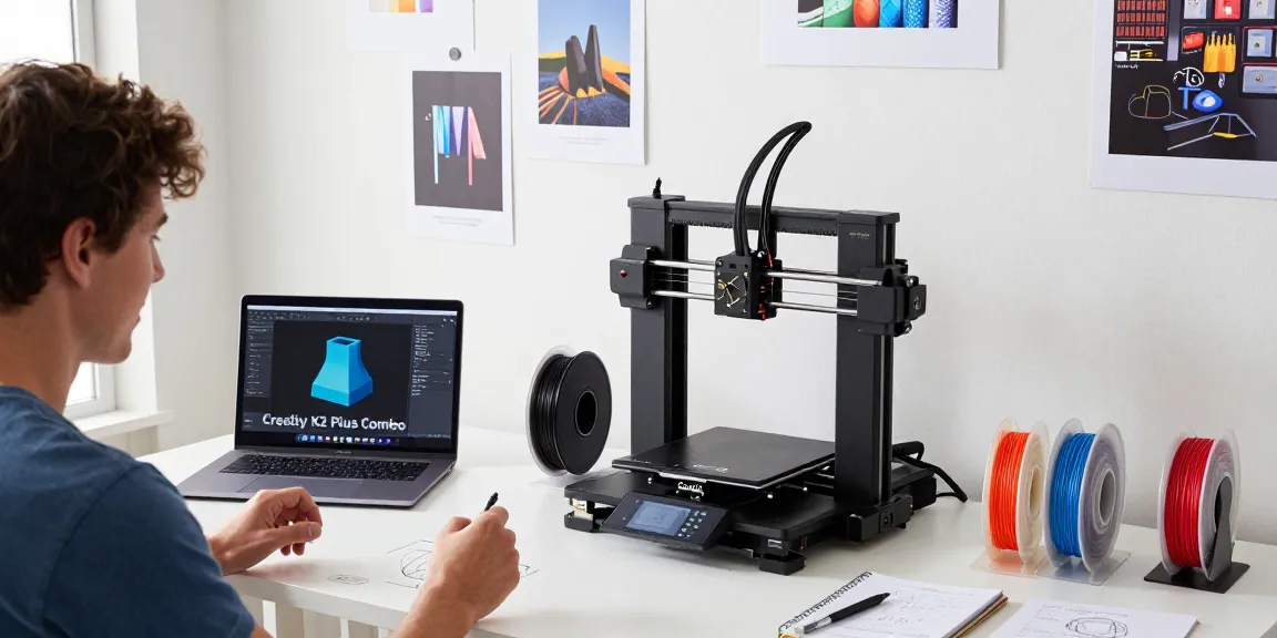 Assembling the best value 3D printer, Creality K2 Plus, with colorful filaments in a tech-savvy workspace.