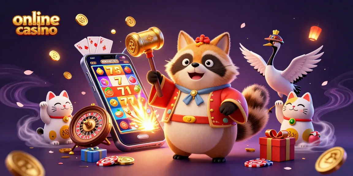 Engage in the thrilling world of online casino with cheerful characters amidst colorful slot games and festive elements.