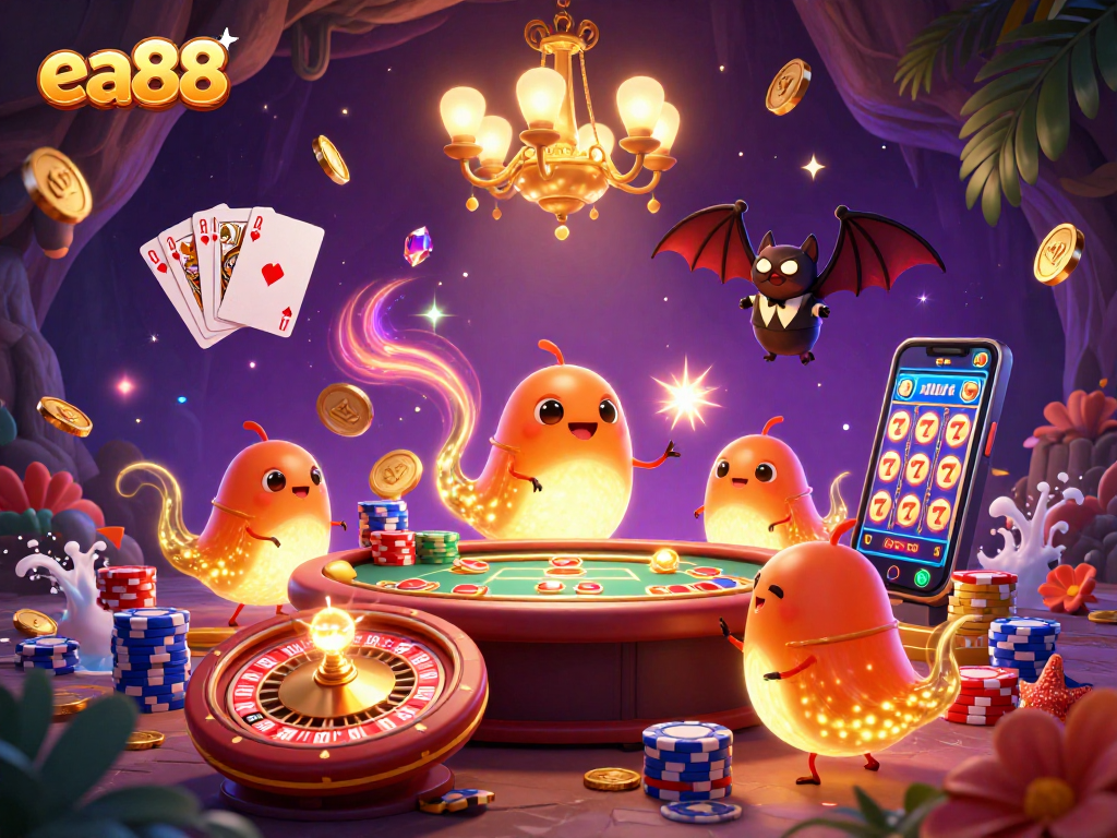 Win big at ea88 with a vibrant 3D casino scene featuring glowworms and a bat dealer in an enchanted setting.
