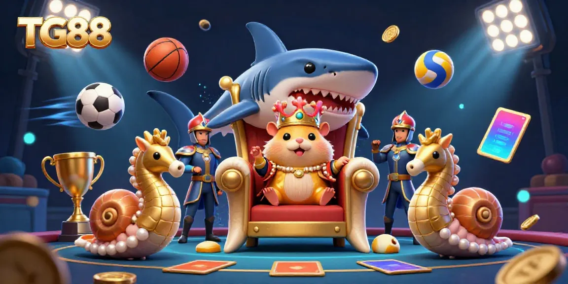 TG88 immerses players in an exciting casino scene with a golden hamster king on a megalodon throne.