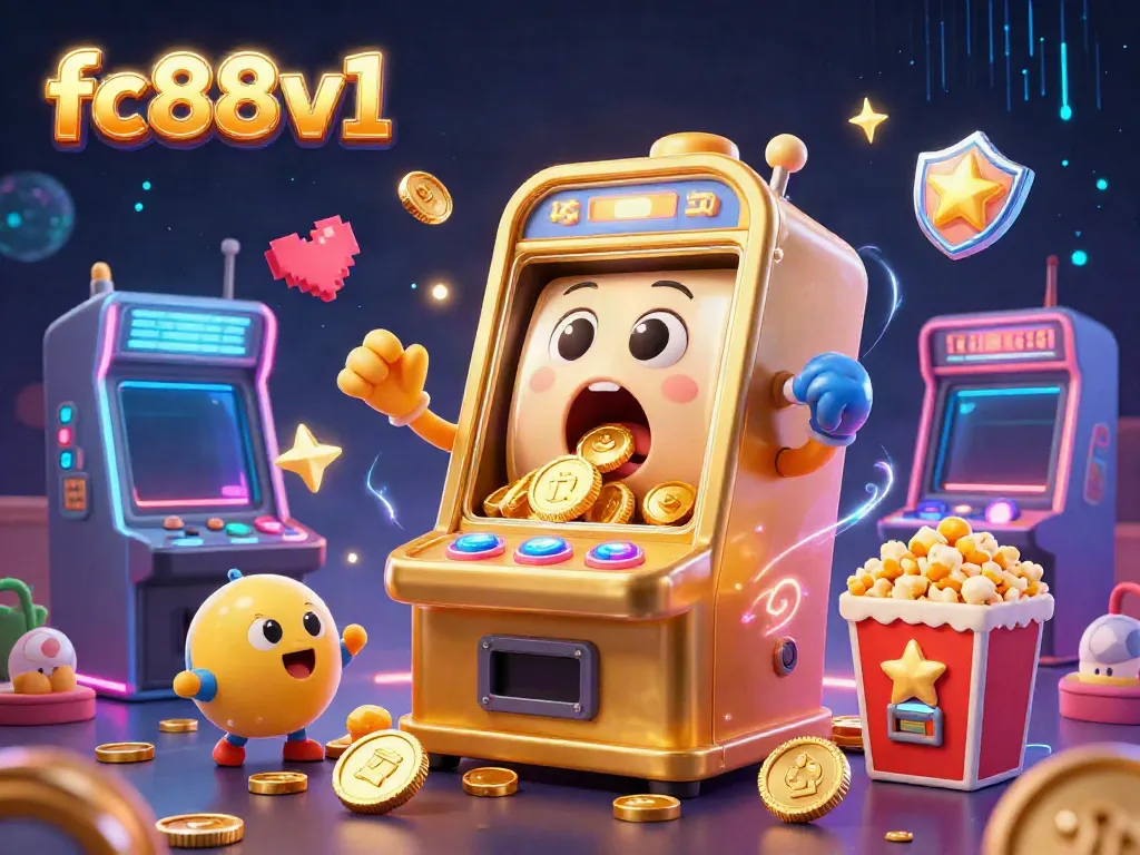 Exciting moment at fc88v1 with cartoon slot machine celebrating a jackpot amidst colorful gaming elements.