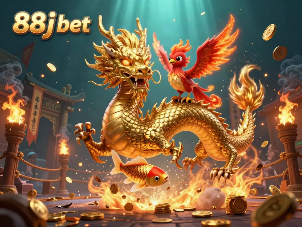 Experience thrilling wins with 88j bet, featuring a majestic dragon, phoenix, and koi in an energized casino scene.