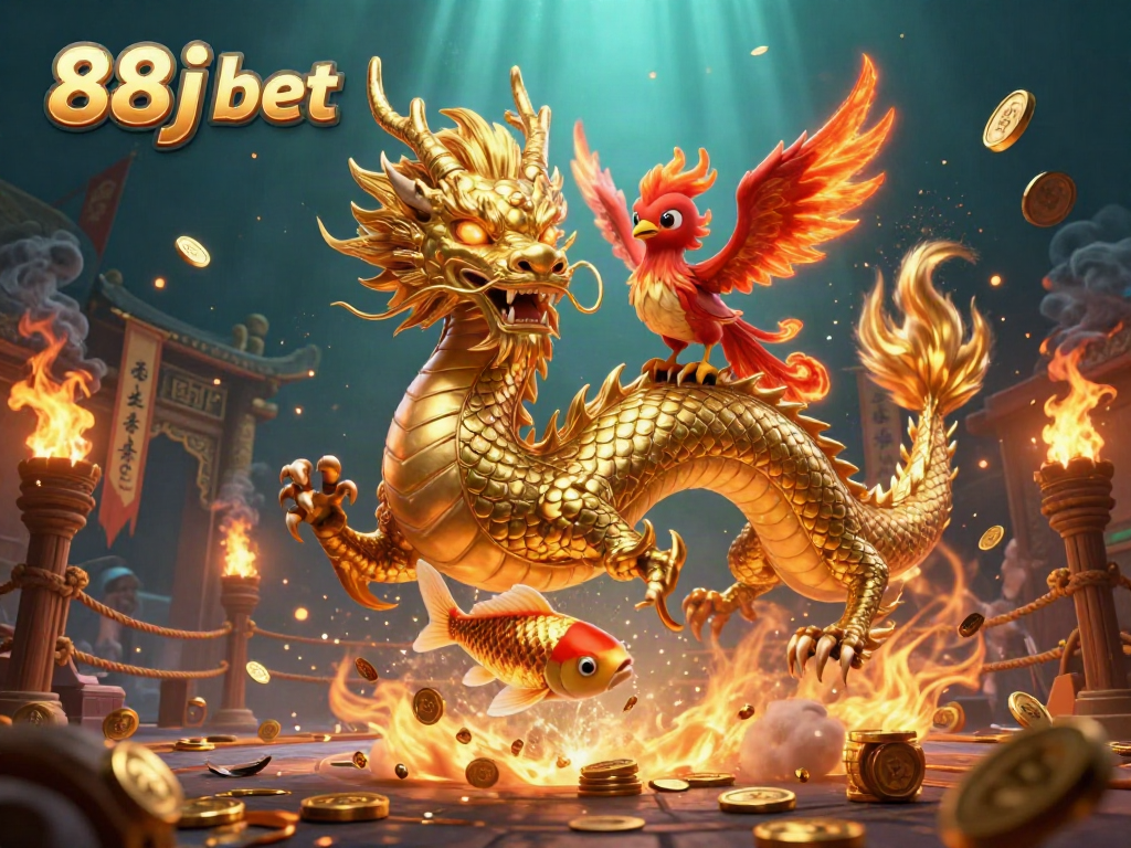 Experience thrilling wins with 88j bet, featuring a majestic dragon, phoenix, and koi in an energized casino scene.
