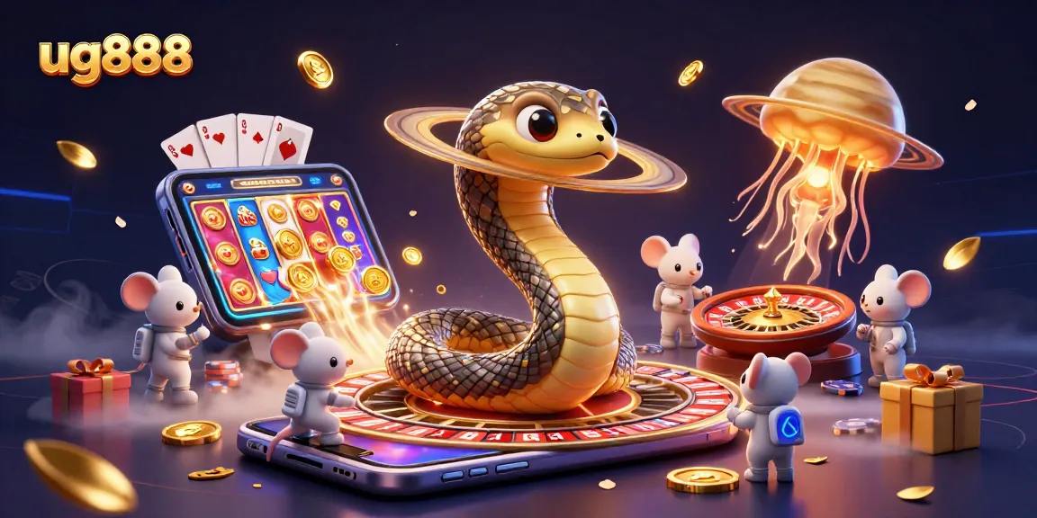 Engage with ug888's captivating 3D casino illustration showing a Saturn ring snake as a roulette wheel.