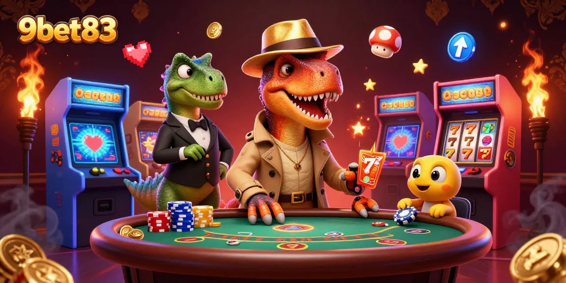 Engage in thrilling gameplay at 9bet83 with a striking illustration of clever characters at a vibrant casino table.