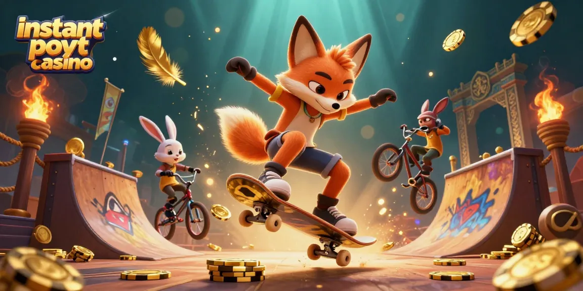 Instant payout casino dynamic scene with cartoon characters and casino-themed elements.