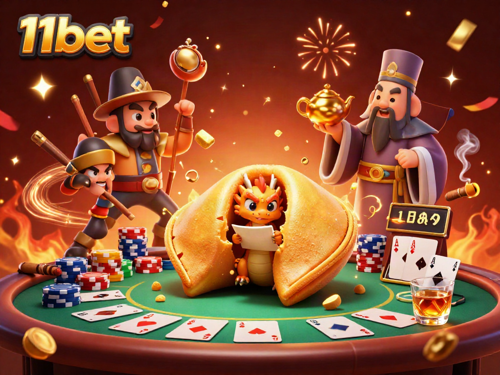 Experience thrilling gameplay at 11bet with an energetic casino-themed illustration, featuring poker chips and dynamic characters.