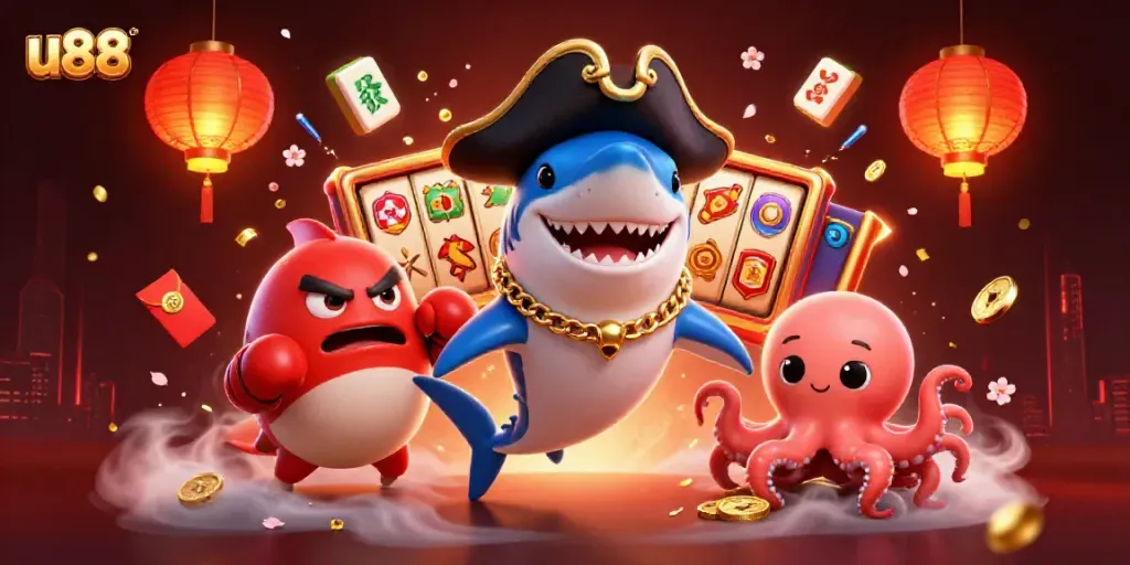 Experience the excitement of u88 with a dynamic 3D illustration of a pirate shark, a pufferfish, and an octopus in a casino setting.