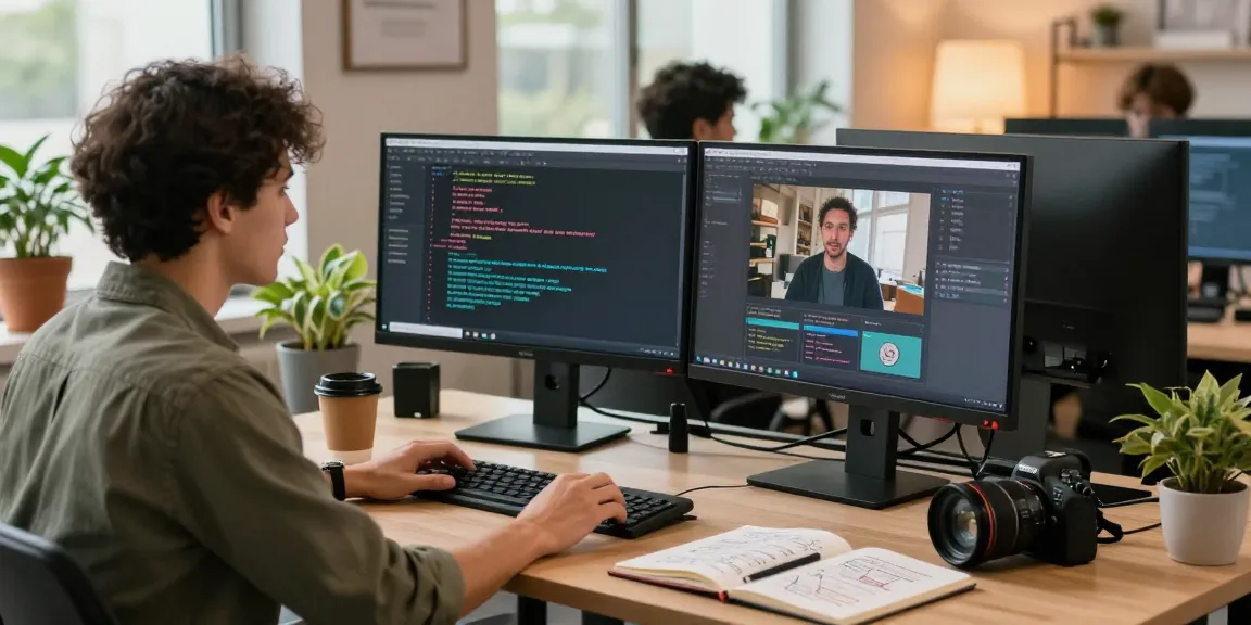 Engineer working with an AI video generator tool, showcasing coding and video creation in a modern office.