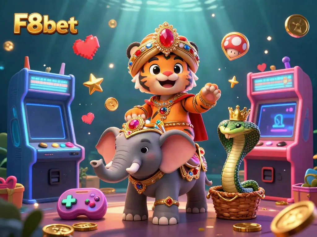 Bet with excitement at F8bet, featuring a maharaja riding an elephant amidst colorful games and casino elements.