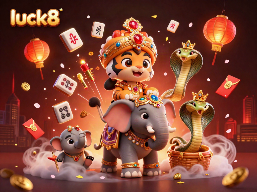 Engage with luck8's vibrant online casino through this captivating 3D illustration showcasing lively gaming elements and a dazzling atmosphere.