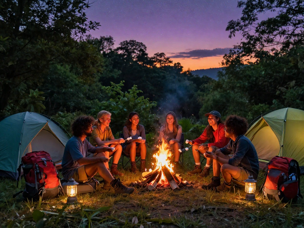 Group of campers enjoying the evening by the fire with camping gear, highlighting outdoor experiences and rokok88 login.