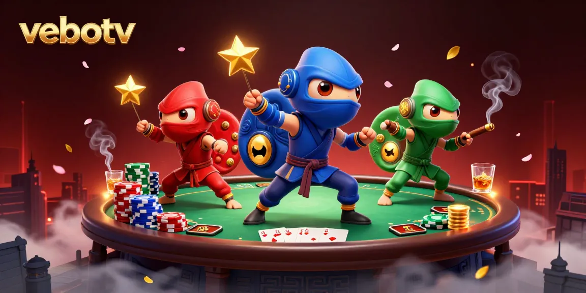 Experience vebotv's dynamic gaming action with ninja chameleons and vibrant poker elements.