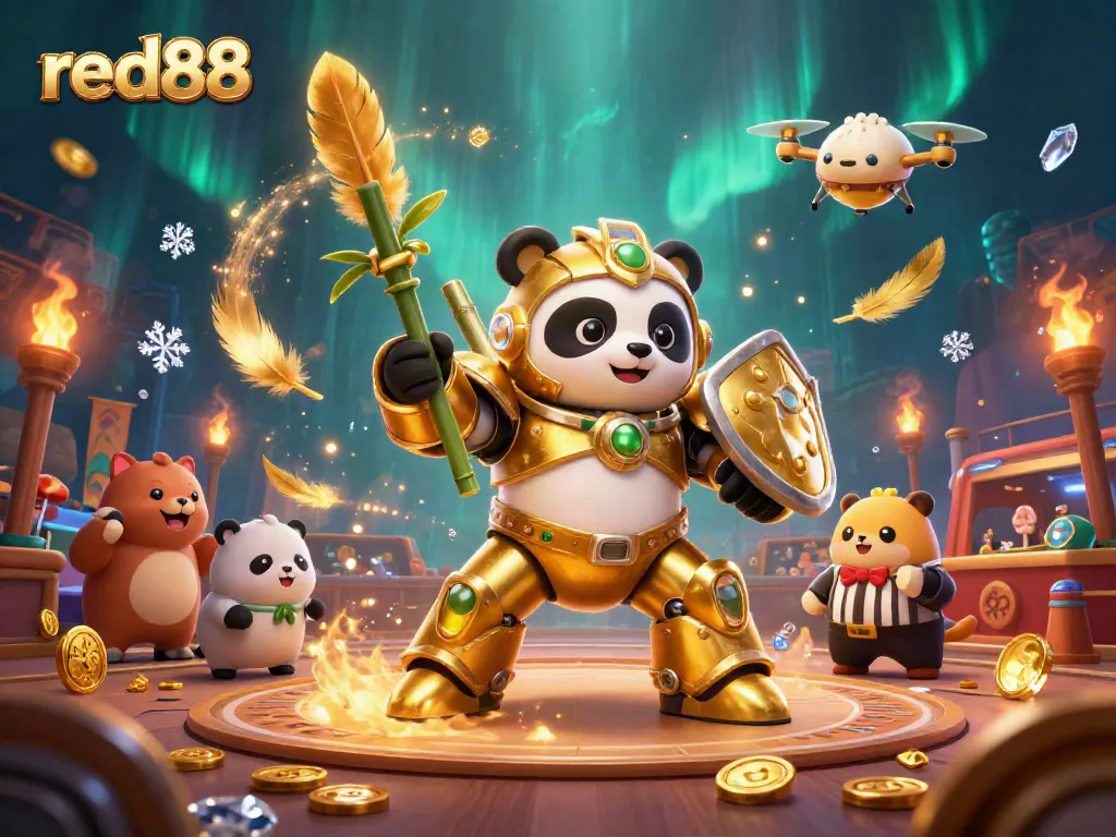 Experience the excitement of red88's vibrant casino arena with golden panda pilot and cheering spectators in action.