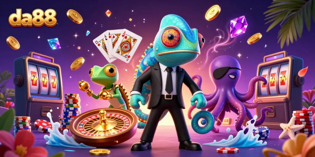 Experience thrilling action at da88 with playful chameleon agents and vibrant casino elements.