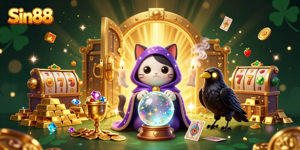 Engage with Sin88's vibrant casino adventure featuring a mystic fortune teller and treasure elements.