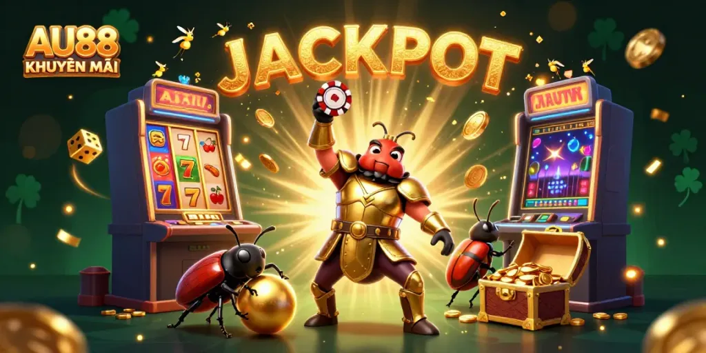 Win big with AU88 KHUYẾN MÃI as beetles celebrate a jackpot explosion in this vivid casino scene.