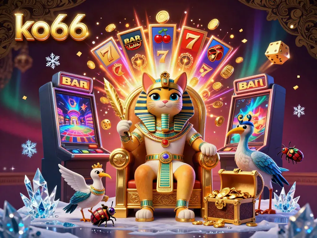 Experience the excitement of ko66 casino with a vibrant pharaoh cat character in a 3D jackpot scene.