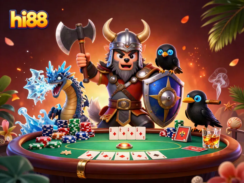 Play poker with hi88 in an energetic 3D dragon and wolf casino scene