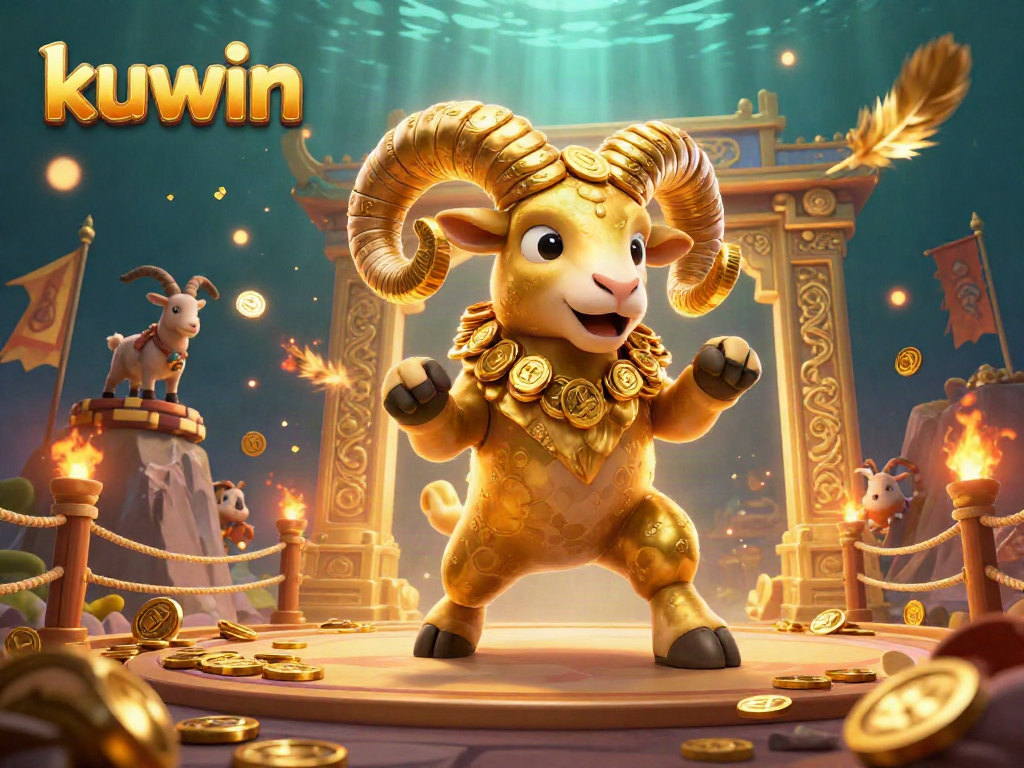 Kuwin’s vibrant casino scene shows a golden ram charging, surrounded by energetic game elements.
