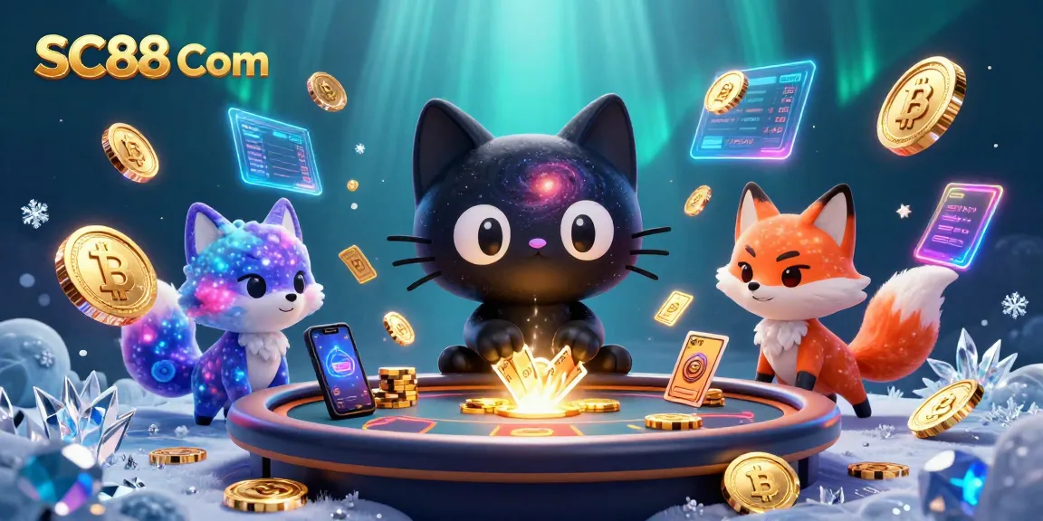 Engage in thrilling gameplay at SC88 Com with captivating 3D digital illustration showcasing cosmic characters and vibrant casino elements.