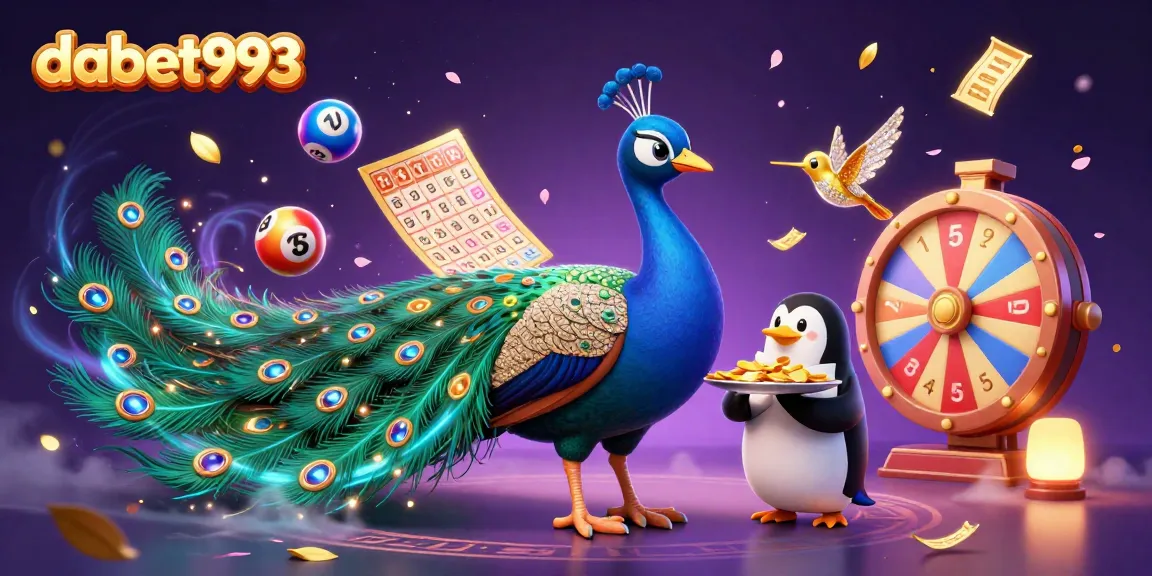 dabet993 brings together a vibrant casino scene with a peacock, penguin, and hummingbird amidst colorful lottery elements and gold chips.