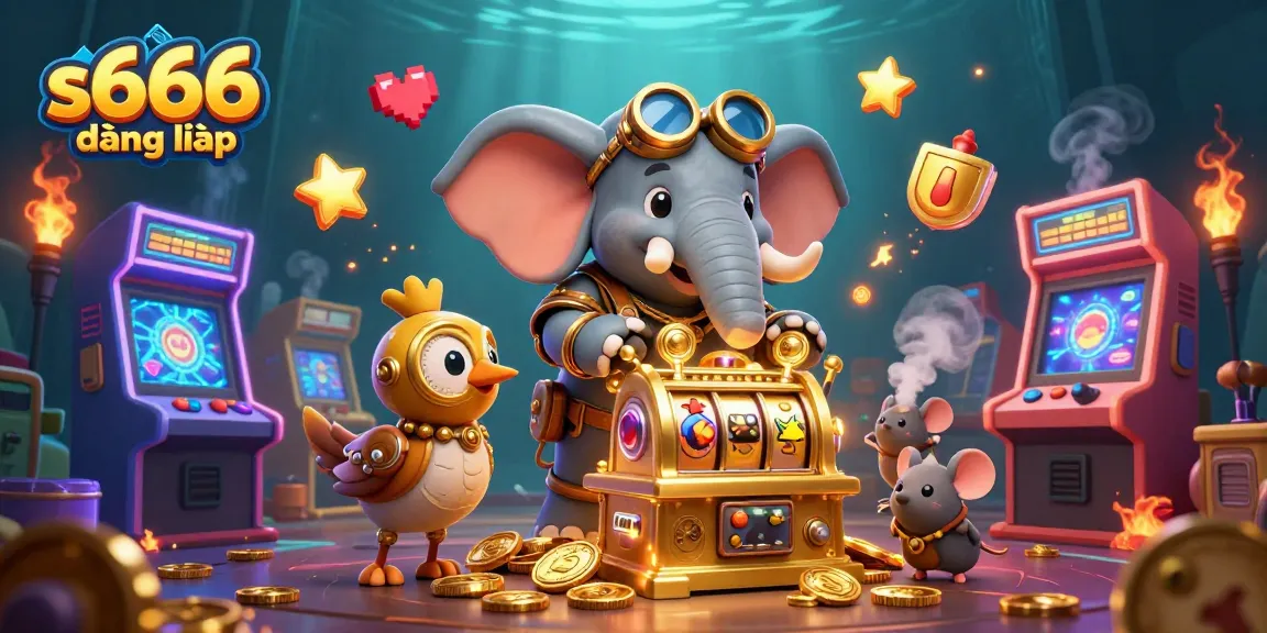 S666 đăng nhập features a steampunk elephant engineer operating a slot machine amidst a colorful arcade scene