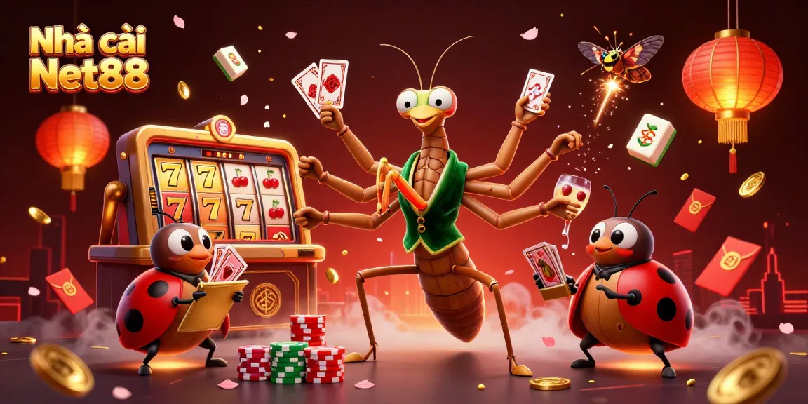 Engage with Nhà cái Net88 through a vibrant casino scene featuring a giant mantis and ladybug in action.