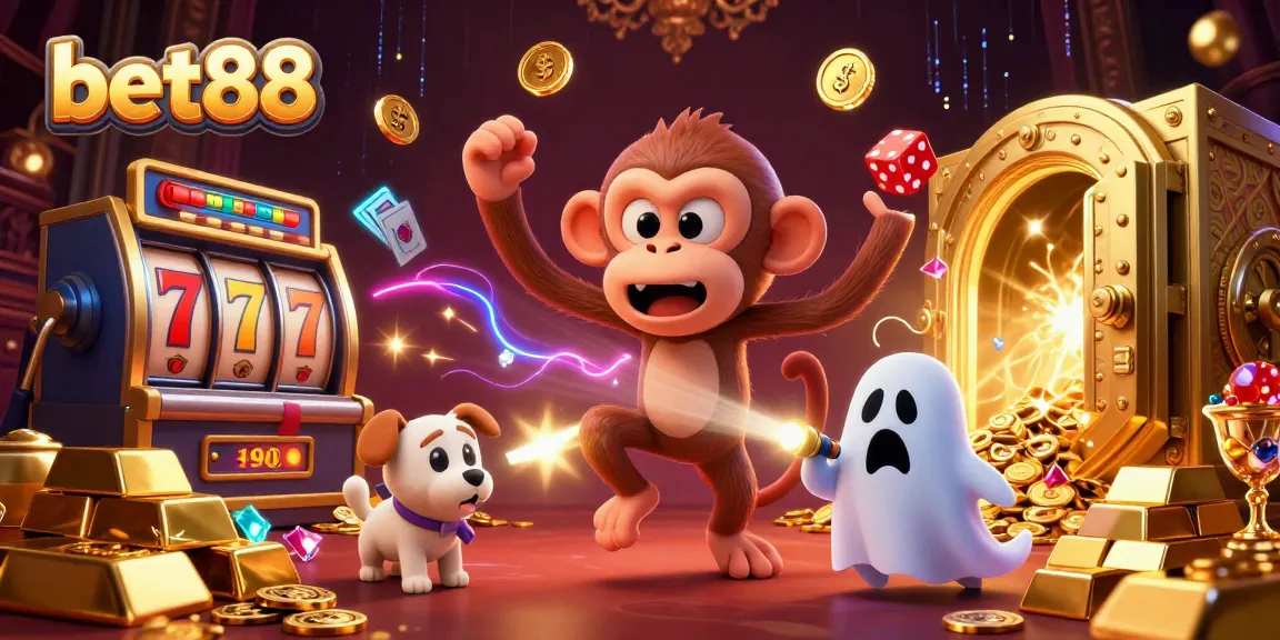 Experience thrill at bet88 with a haunted casino scene featuring a poltergeist monkey and ghost-hunter puppy.