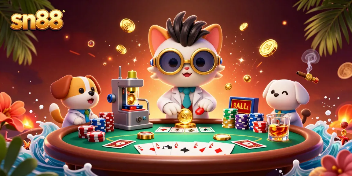 Engage in thrilling poker action at sn88, featuring a mad scientist cat and dog amid gold coins.